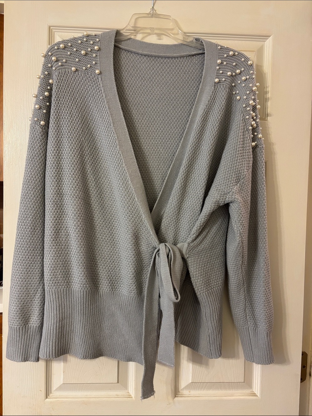 Pearl-Embellished Light Gray Wrap Sweater